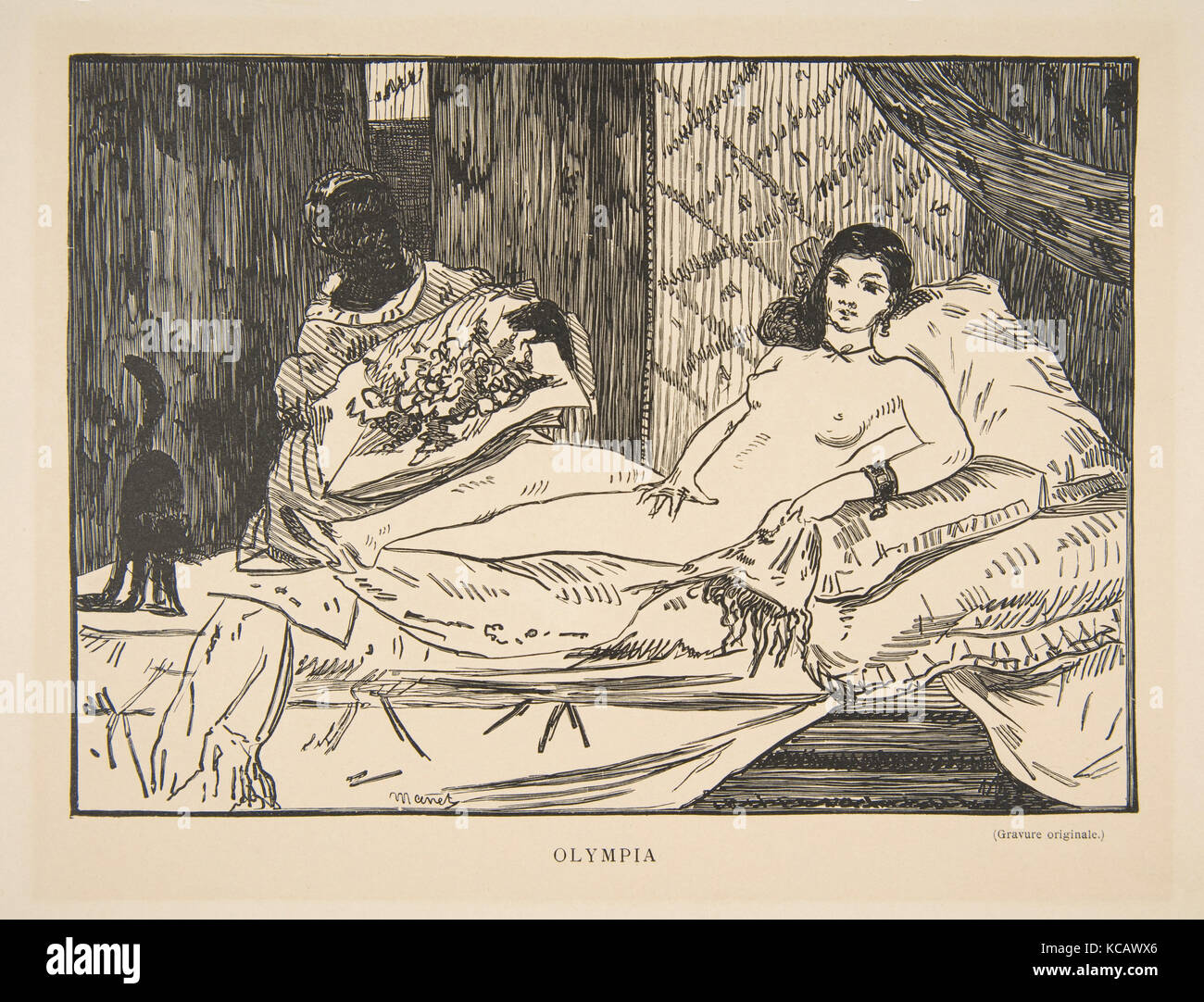 Olympia, published 1902, Wood engraving, image: 5 3/16 x 7 5/16 in. (13.2 x 18.5 cm), Prints, After Édouard Manet (French, Paris Stock Photo