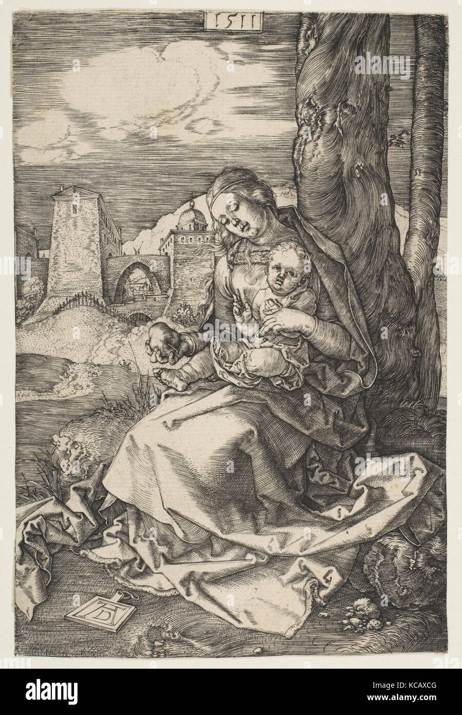 Virgin and Child with a Pear, 1511, Engraving, Sheet: 6 1/4 × 4 1/8 in. (15.8 × 10.5 cm), Prints, Albrecht Dürer (German