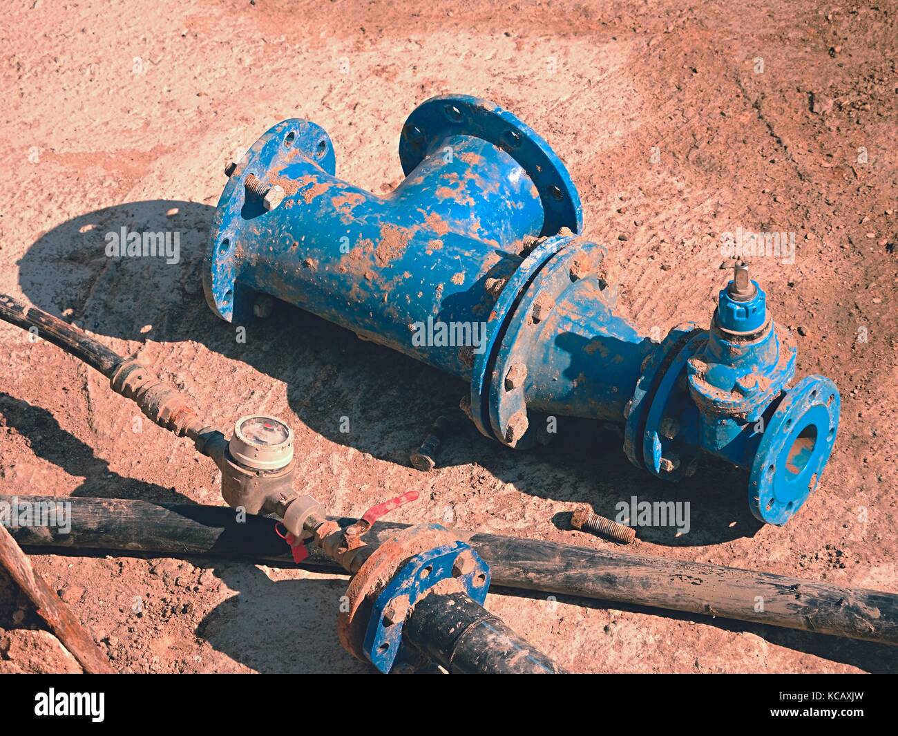Old drink water pipes, used blue gate valve and reduction joint members