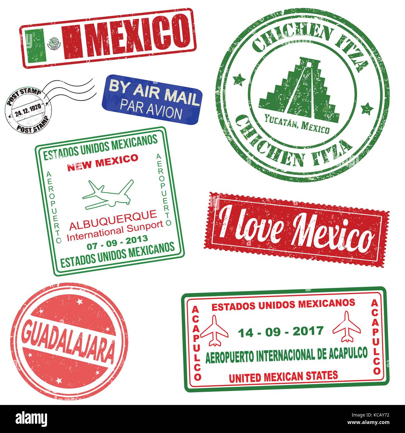 Passport or travel set of grunge stamps from Mexico, vector illustration Stock Vector