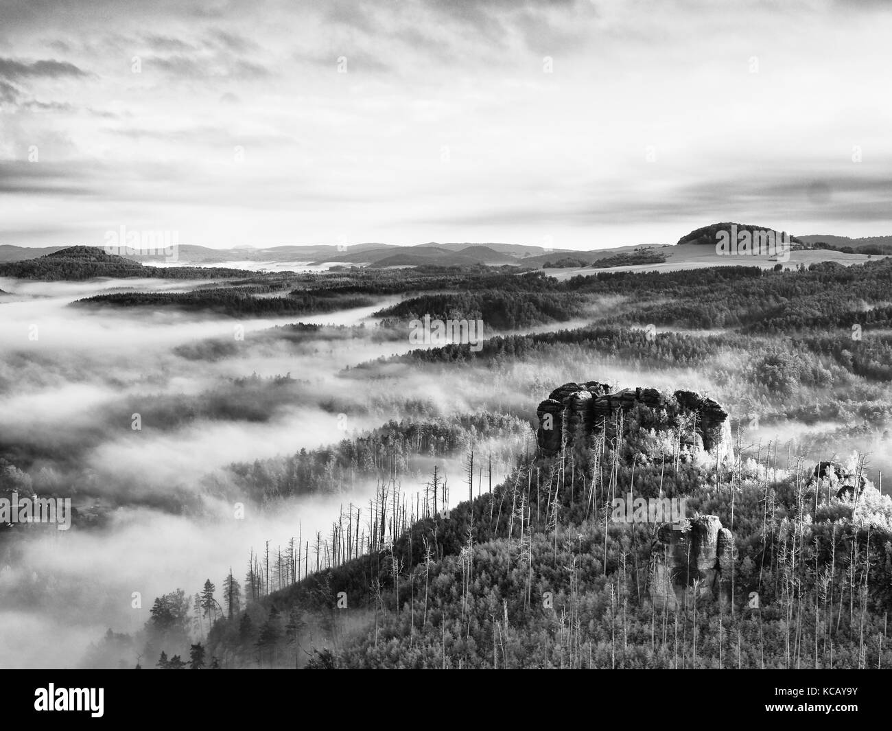 Spring misty landscape. Morning in beautiful hills of natural park. Rocky peaks  increased from heavy creamy fog.  Black and white photo Stock Photo