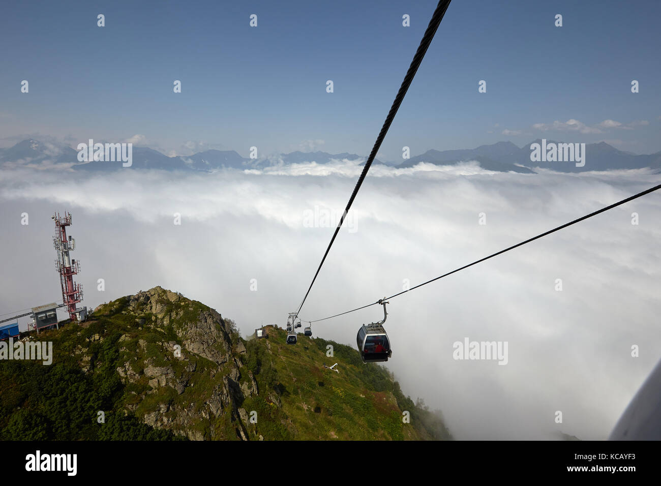 Rope Way View View from top of ropeway with multiple seats and stretched cables above ...