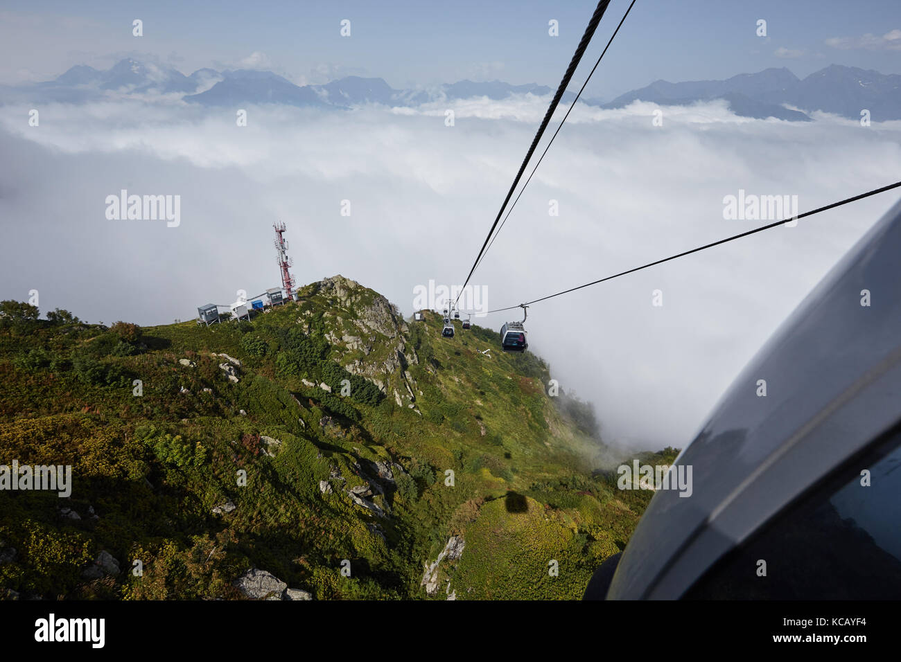 Rope Way View View from top of ropeway with multiple seats and stretched cables above ...