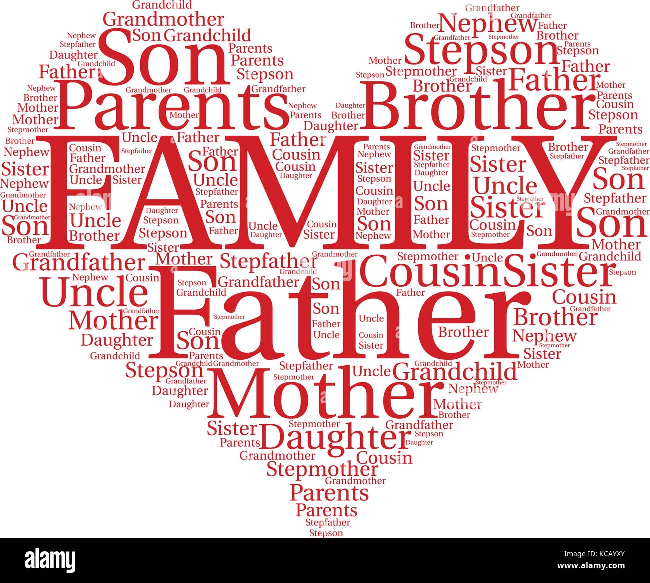 Words cloud, Family concept with a hearth shape and tags on white background. Stock Vector
