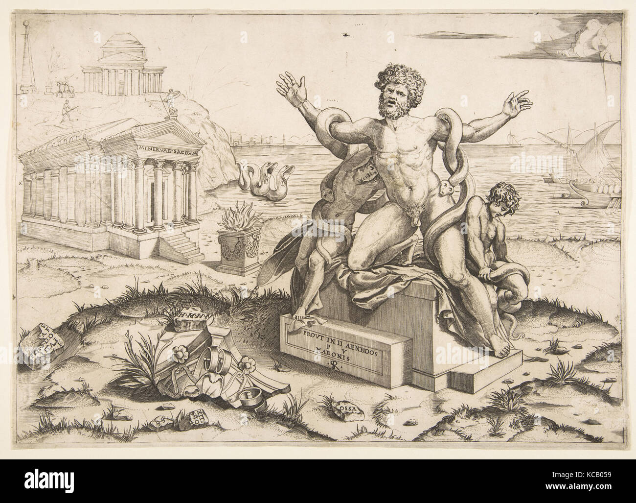 Laocoön and his two sons being attacked by serpents upon a pedestal, a temple to Minerva behind them, another temple and the sea Stock Photo