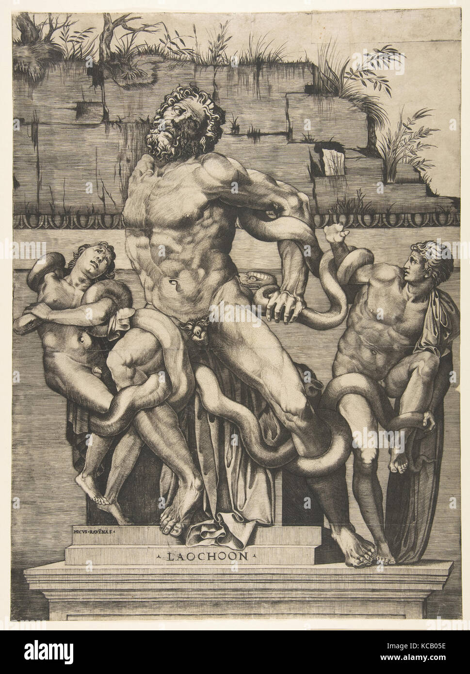 Laocoön and his two sons standing on a pedestal and being attacked by serpents, set before a decaying wall, Marco Dente Stock Photo