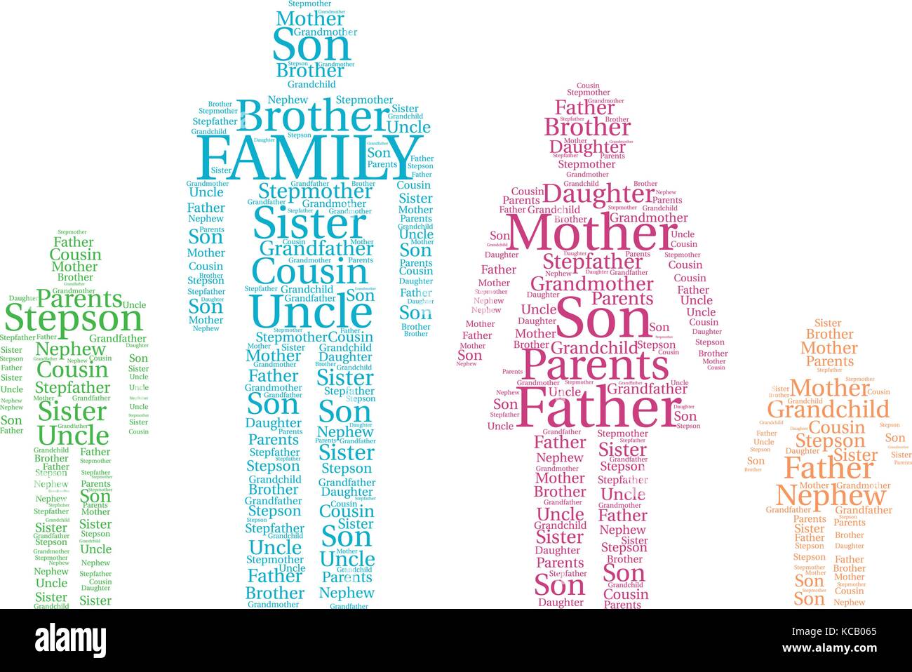 Words cloud, Family concept made with people shape and tags on white background. Stock Vector