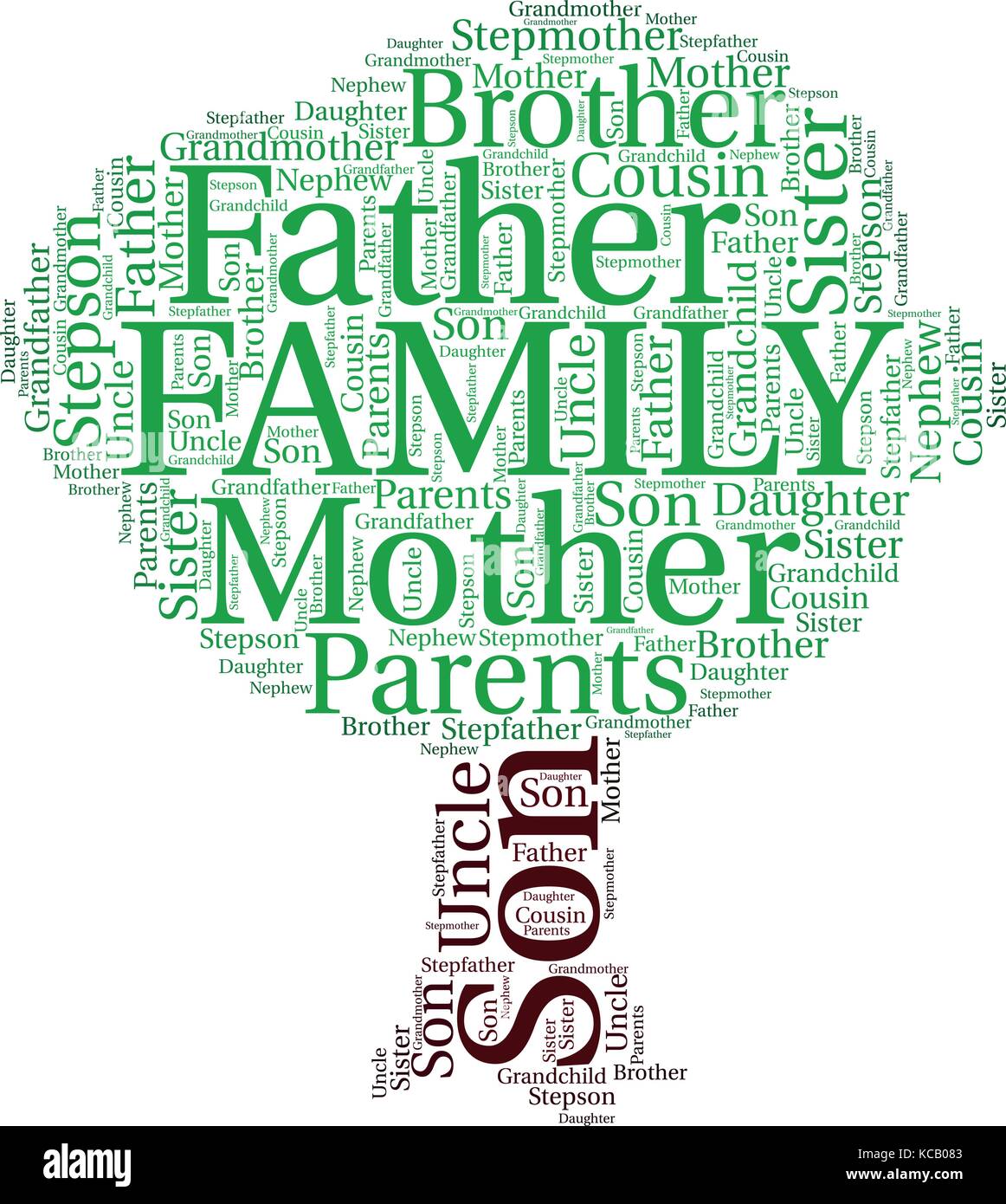 Words cloud, Family concept made with a tree shape and tags on white background. Stock Vector