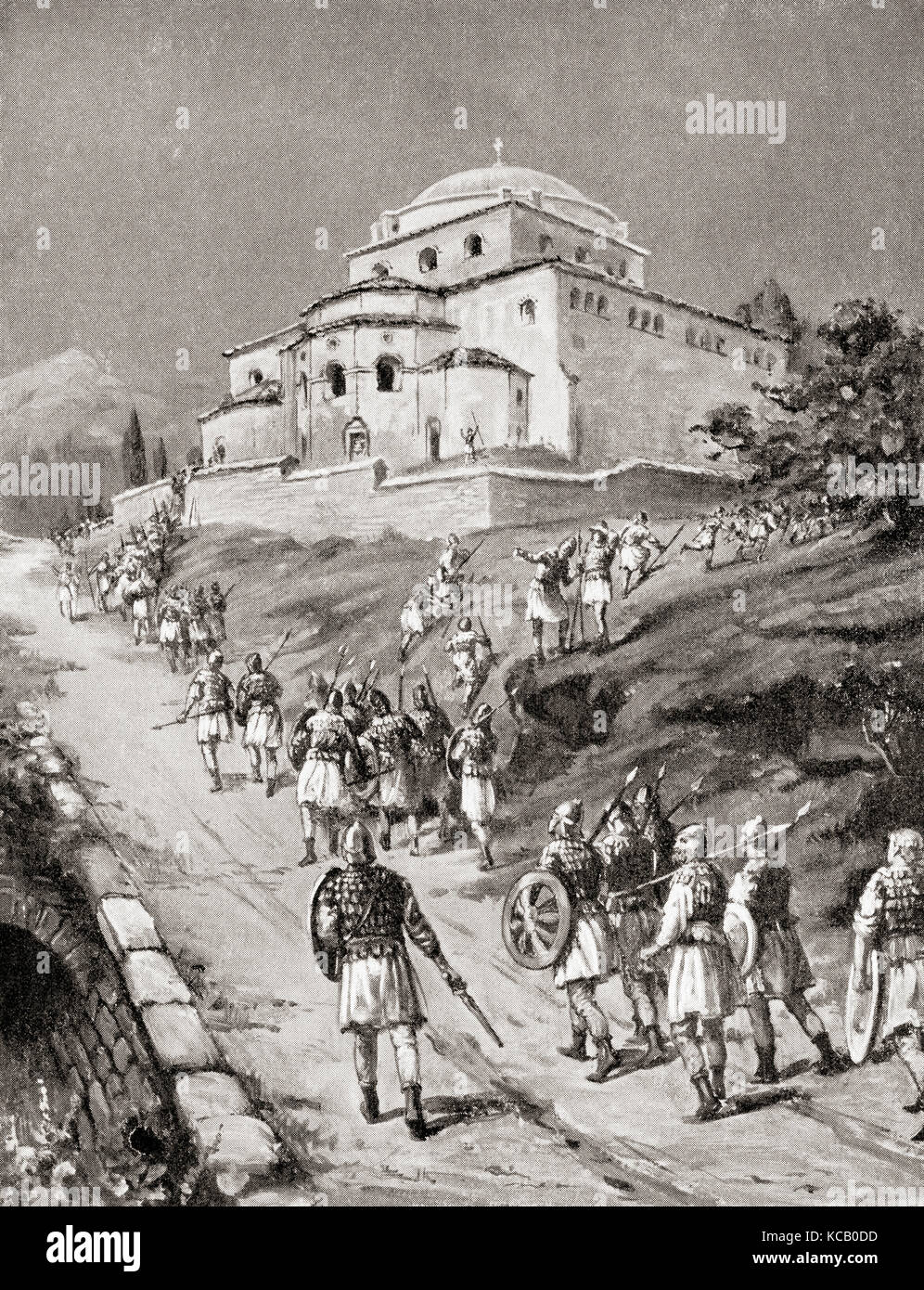 Byzantine troops fleeing before the Normans, 12th century.  After the painting by Margaret Dovaston, (1884-1954).  From Hutchinson's History of the Nations, published 1915. Stock Photo