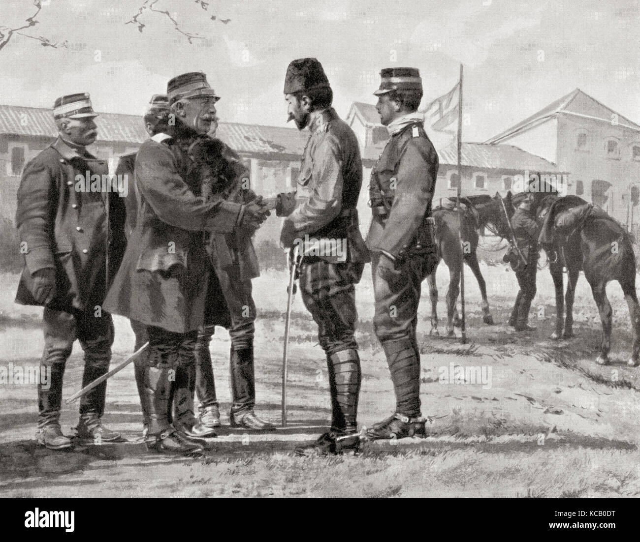 The surrender of Yanina to the Greek Army after the Battle of Bizani, 1913. Seen here, Greek Cavalry General Alexandros Soutsos (center left) shaking hands with the Ottoman representative, Major Vehib Bey.  From Hutchinson's History of the Nations, published 1915. Stock Photo