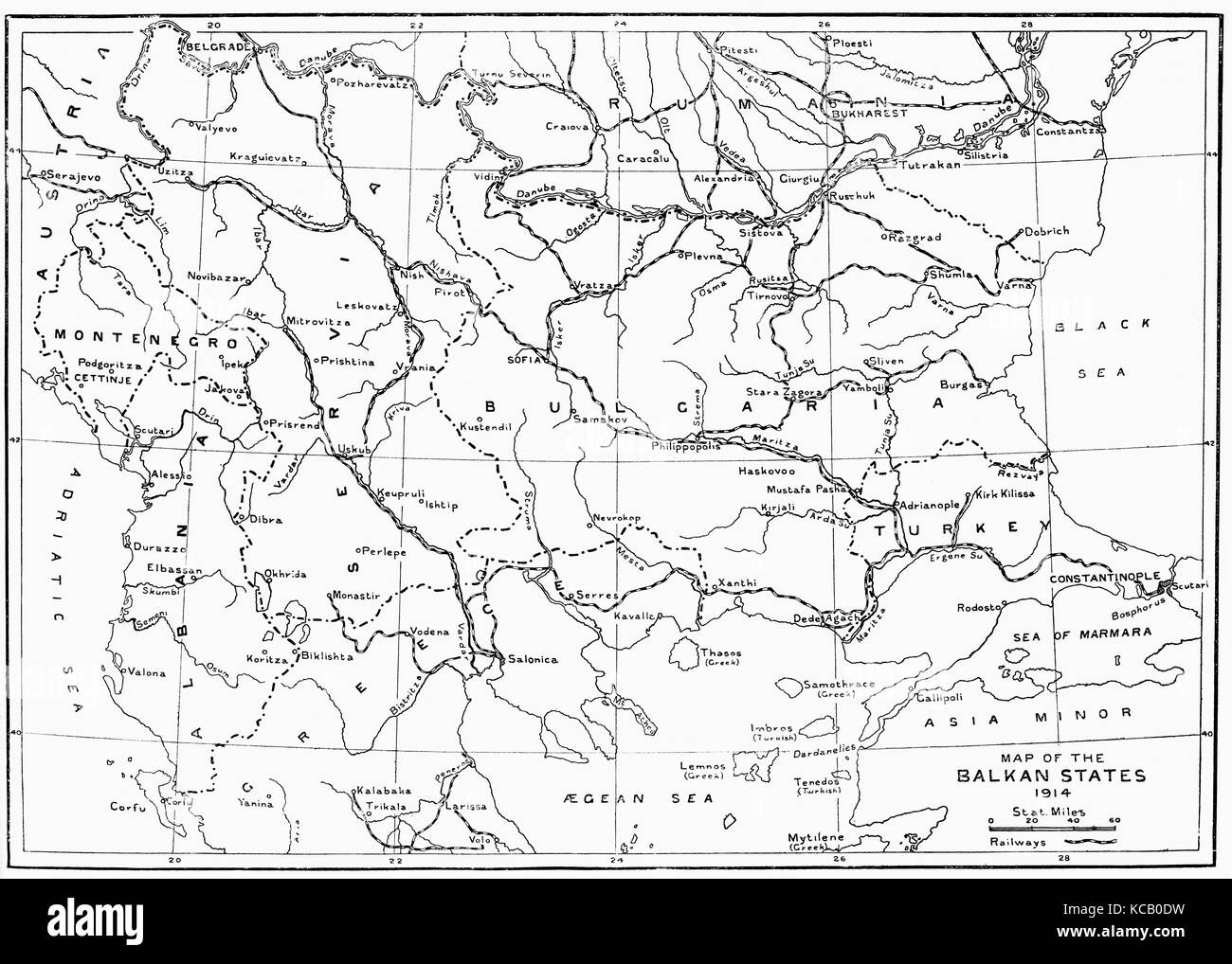 Map of the Balkan States in 1914.  From Hutchinson's History of the Nations, published 1915. Stock Photo