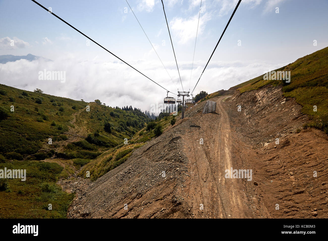 Rope Way View View from top of ropeway with multiple seats and stretched cables above ...
