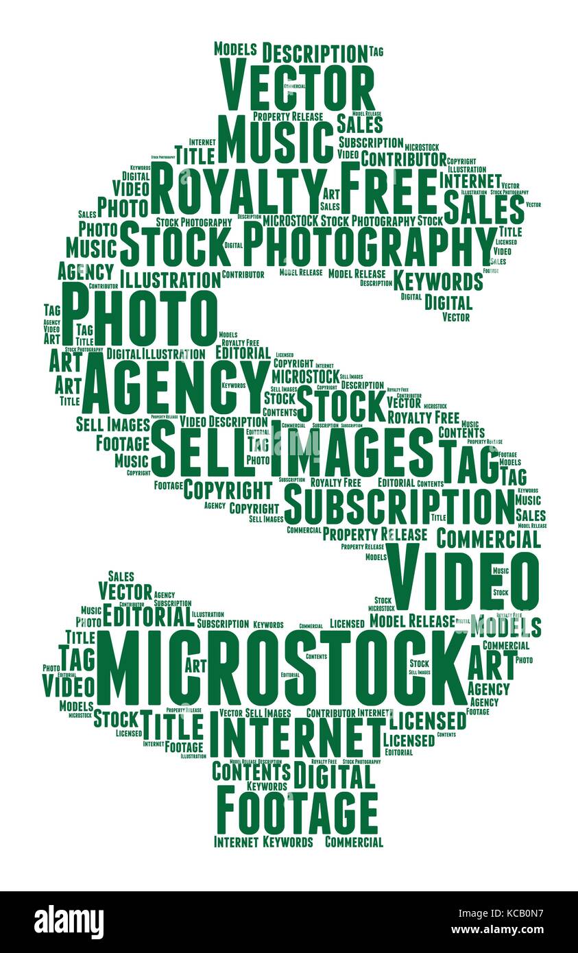 Words cloud, Microstock concept made with dollar shape and tags on white background. Stock Vector