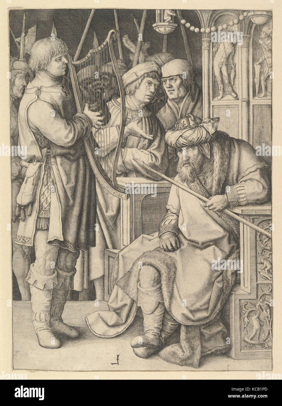 David Playing the Harp Before Saul, Lucas van Leyden, ca. 1508 Stock Photo