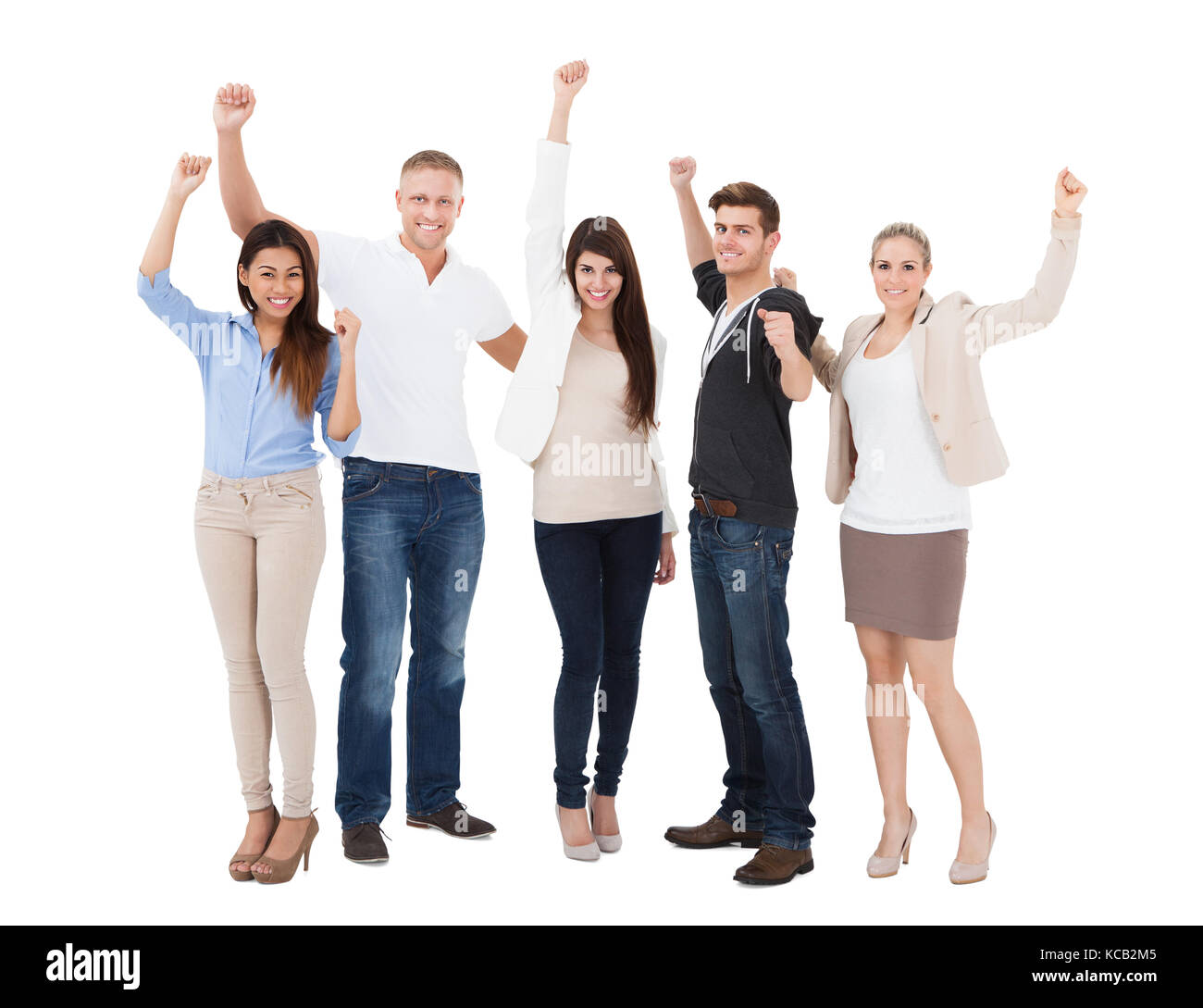 Group Of A Young Successful People Raising Hand Over White Background Stock Photo