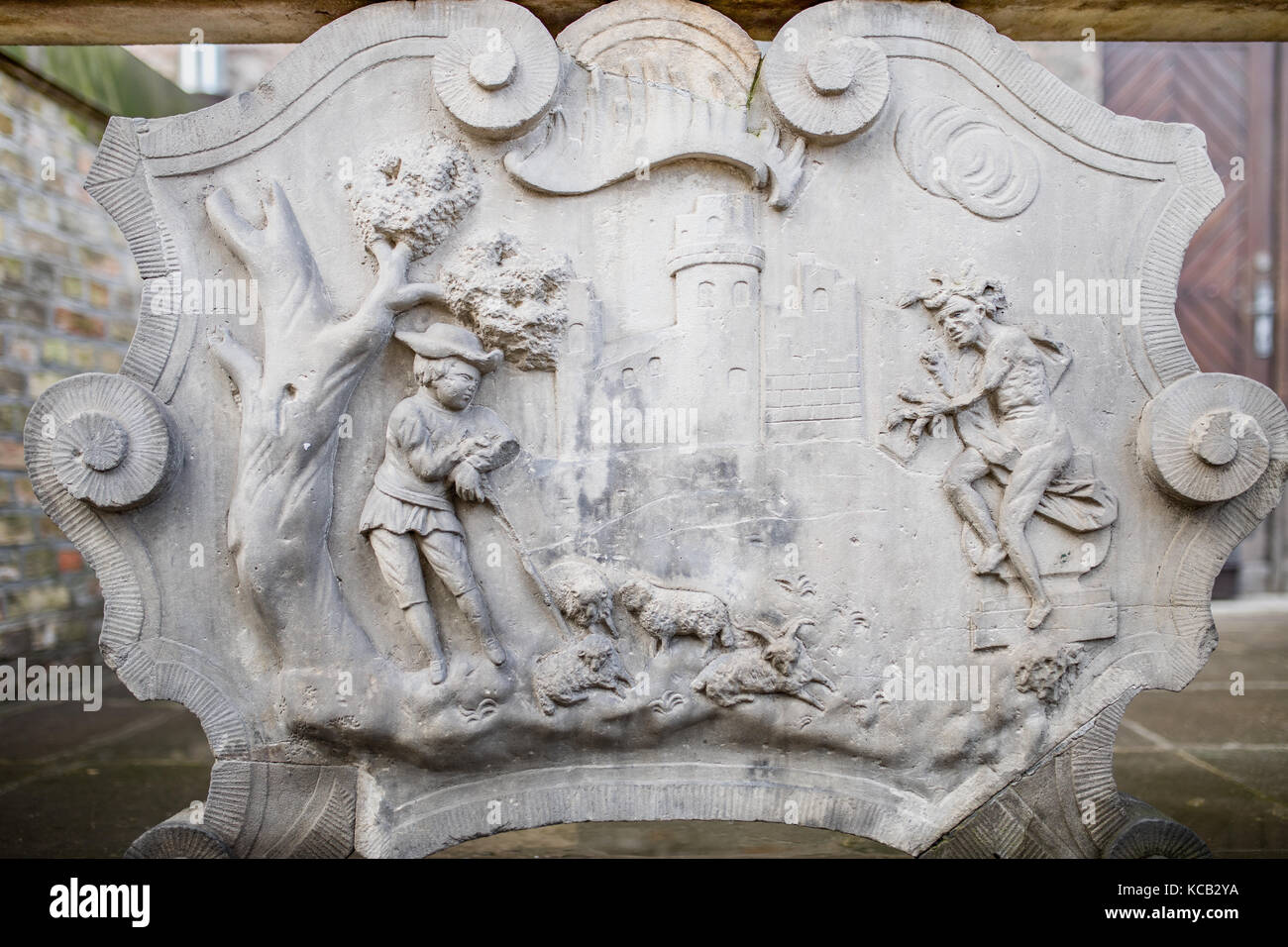 Ornaments, mouldings, gargoyle, low reliefs in a sandstone, granite, concrete. sculpting details in Gdansk (Danzig).  Mariacka street (Mariengasse) an Stock Photo