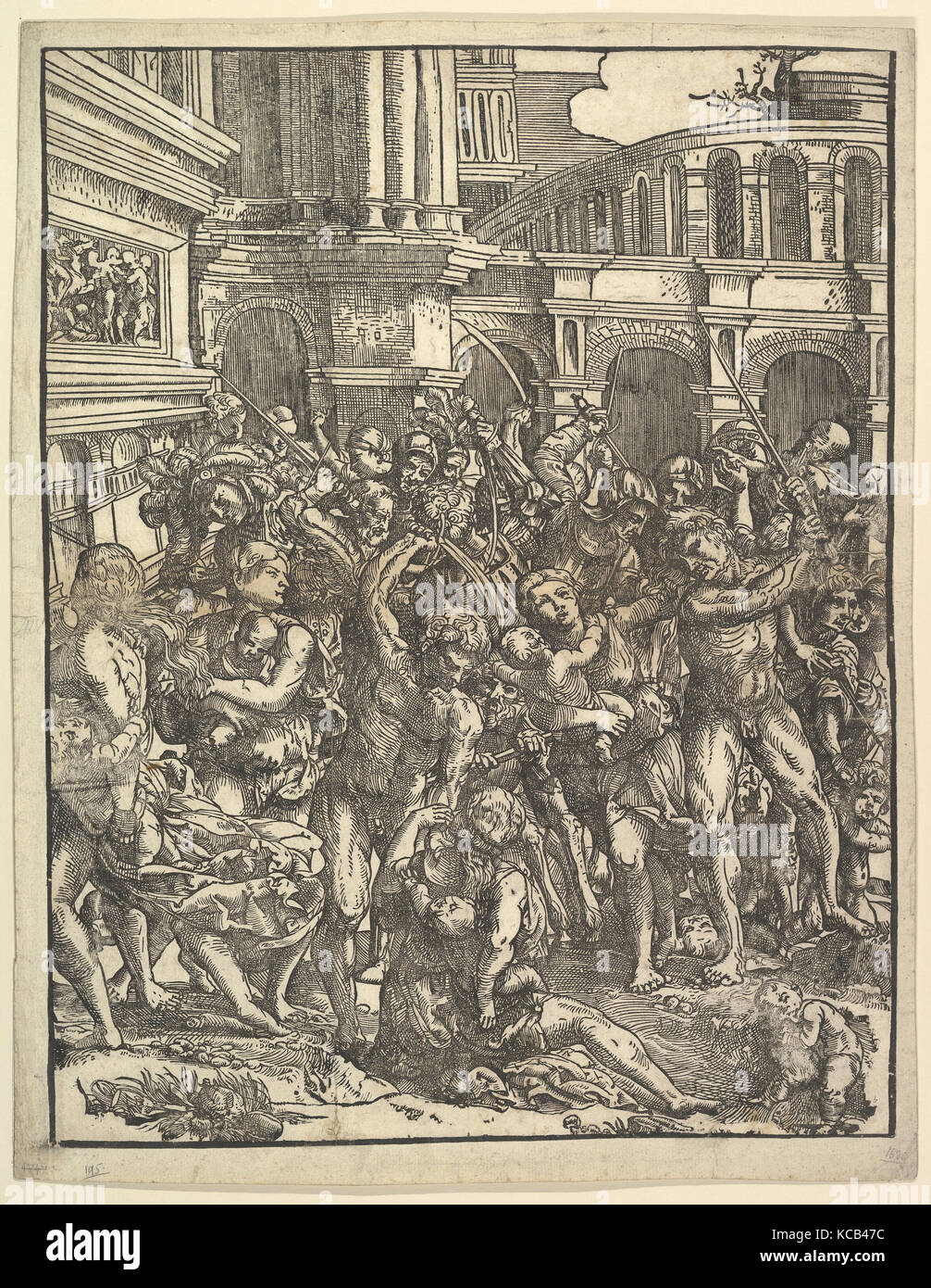 The Massacre of the Innocents (Right side) with group of male figures attacking women and children; classical buildings Stock Photo