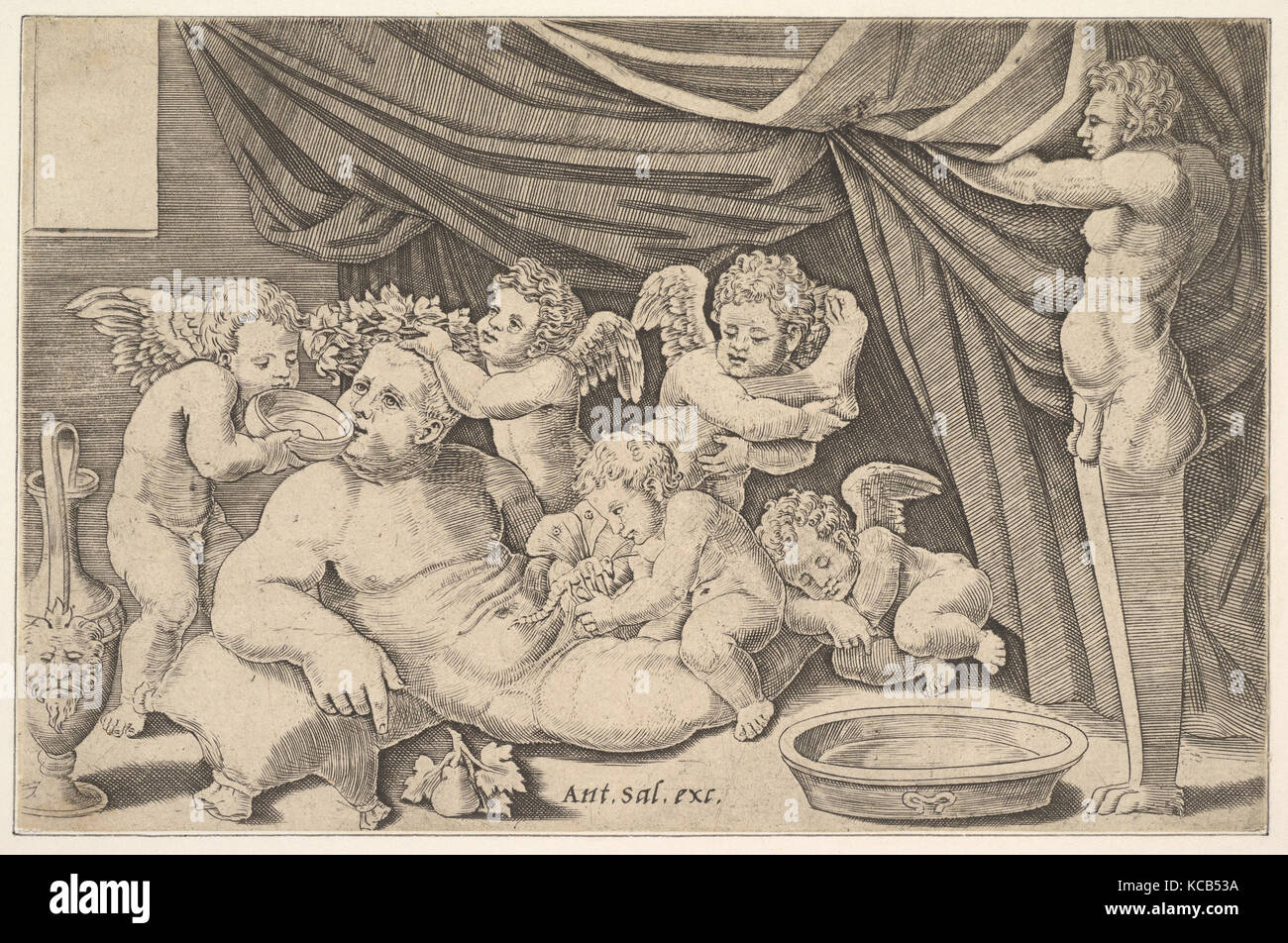 Bacchus surrounded by Putti, a statue of Priapus at right, Master of the Die, 1530–60 Stock Photo