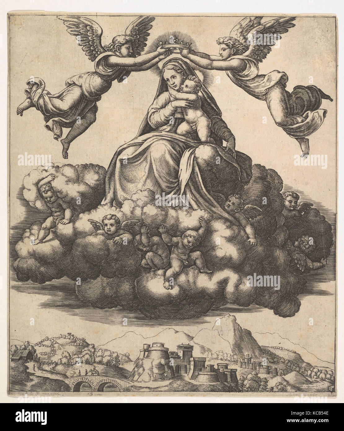 The Virgin seated on clouds being crowned by angels, Master of the Die, 1530–60 Stock Photo