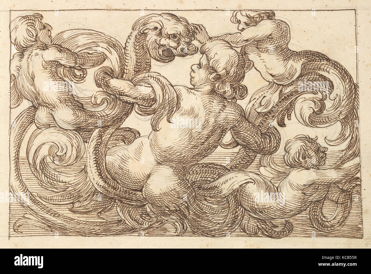Horizontal Panel Design with Four Hybrid Male Figures and a Fantastical Creature Interspersed between Acanthus Rinceaux Stock Photo
