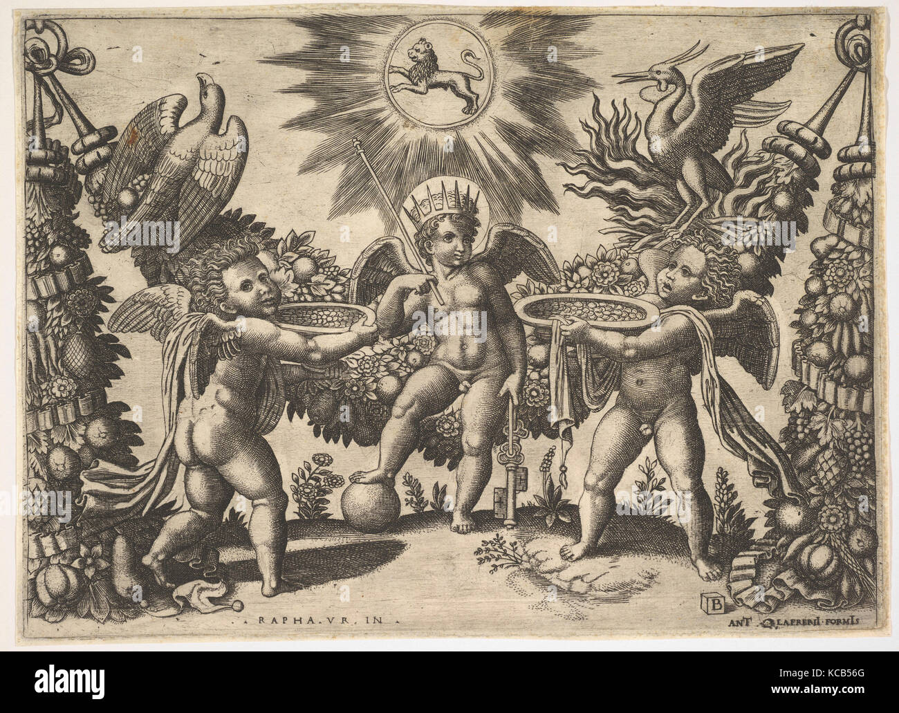 Two putti presenting cups full of gold to a putto in the guise of the god of riches, from a series of tapestries made for Leo X Stock Photo
