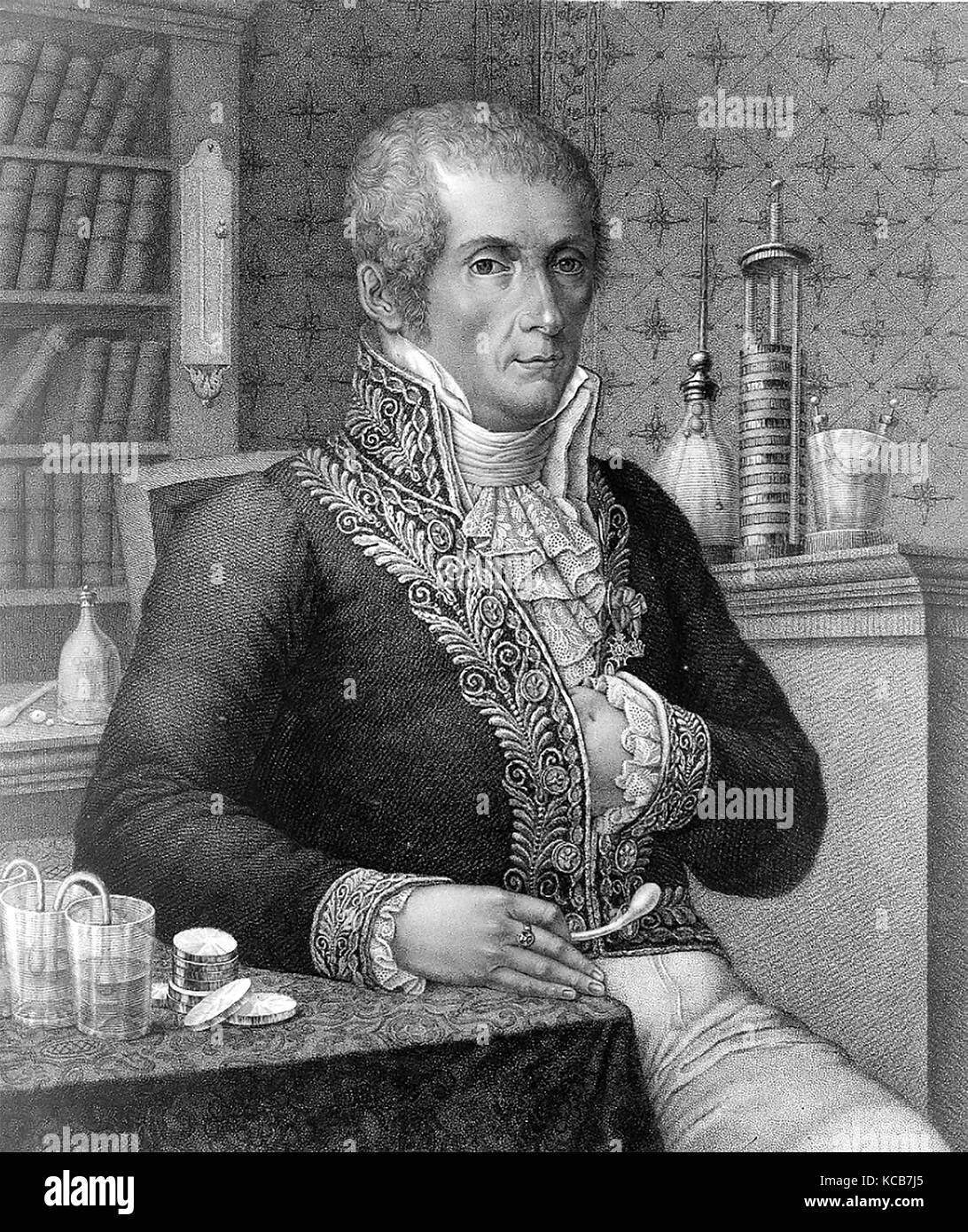 ALESSANDRO VOLTA (1745-1827) Italian chemist, physicist and inventor of the electric battery in an 1828 engraving Stock Photo