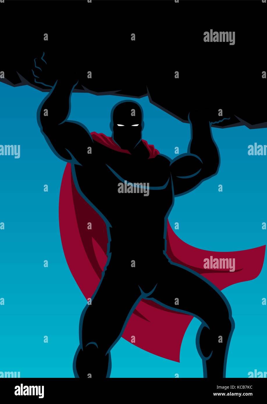 Superhero lifting huge boulder with black copy space. Stock Vector