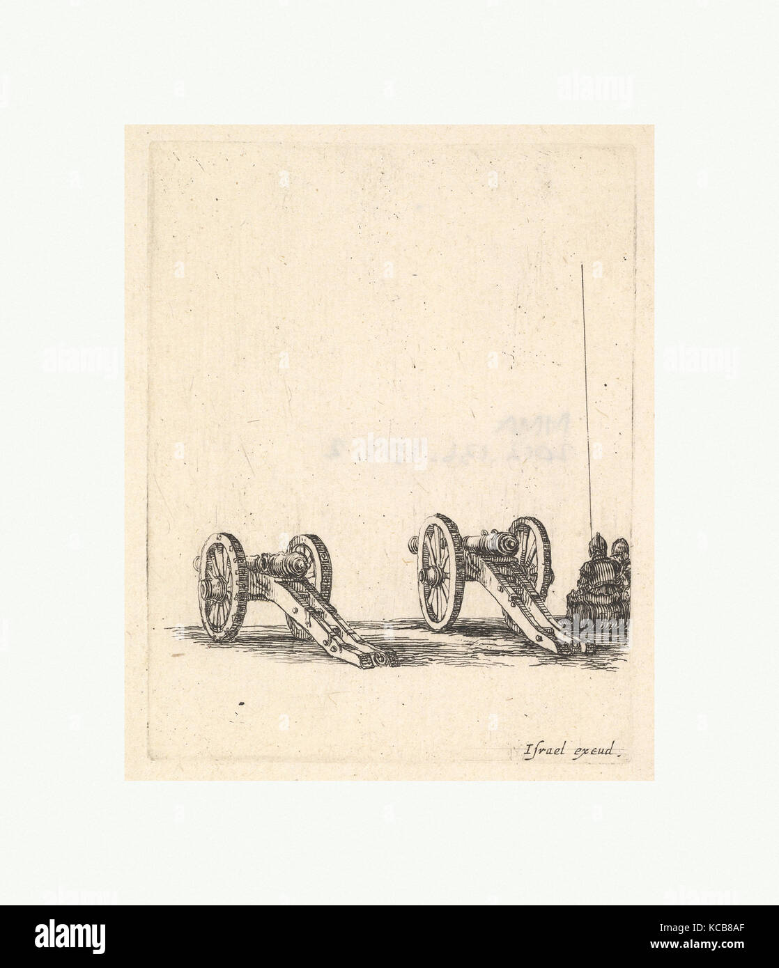 Two cannons, two soldiers seen from the back seated to the right, from 'Equipment needed for Fortification Stock Photo