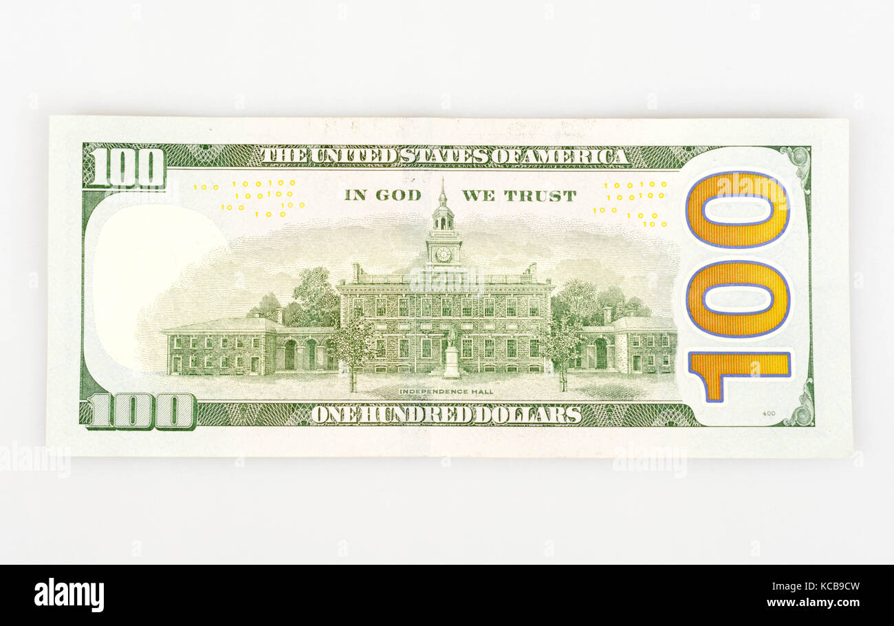 The denomination hundred dollars on  isolated white background. Hundred Bucks Stock Photo