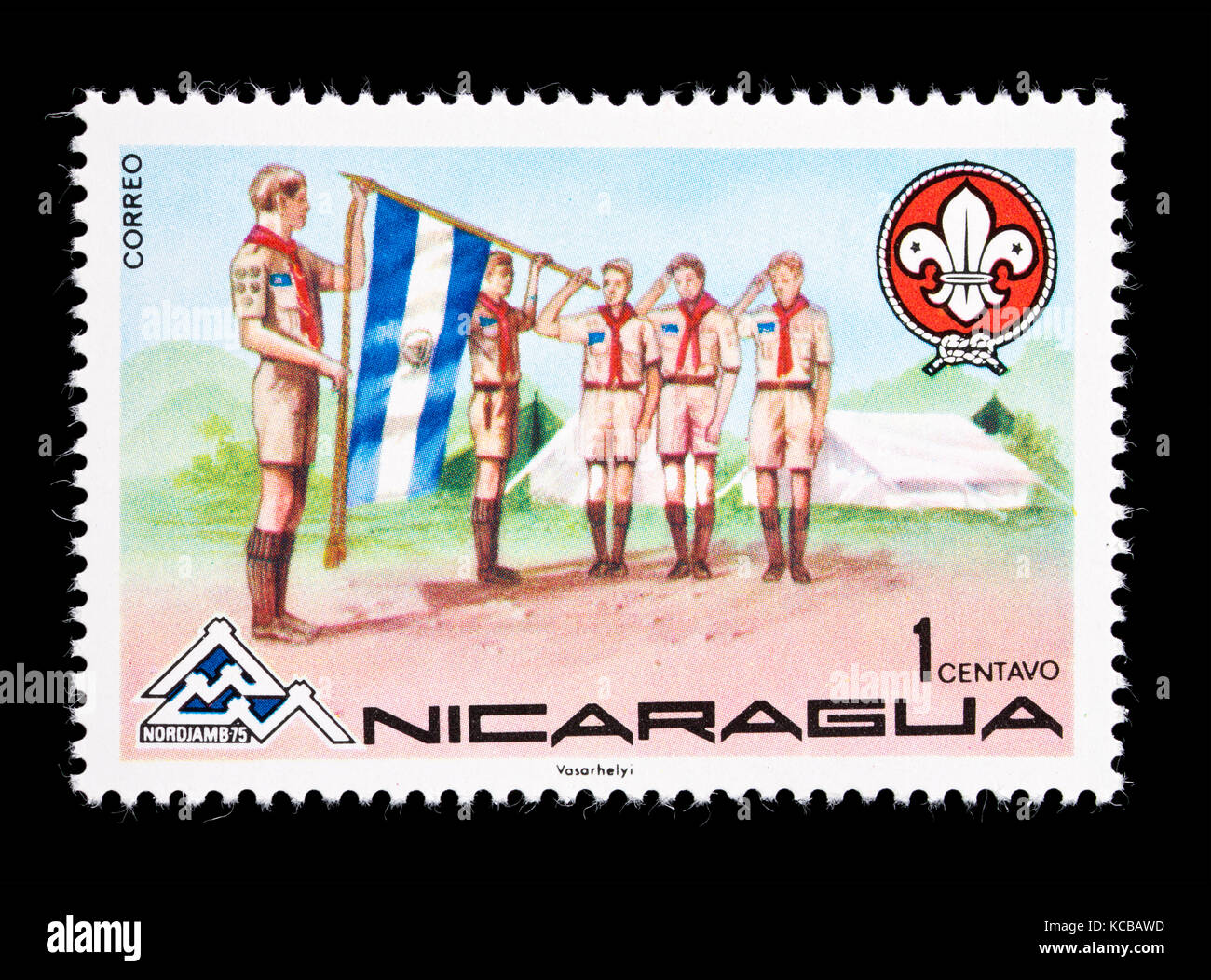 Postage stamp from Nicaragua depicting boy scouts and flags, issued for the 1975 World Scout Jamboree in Lillehammer, Norway. Stock Photo