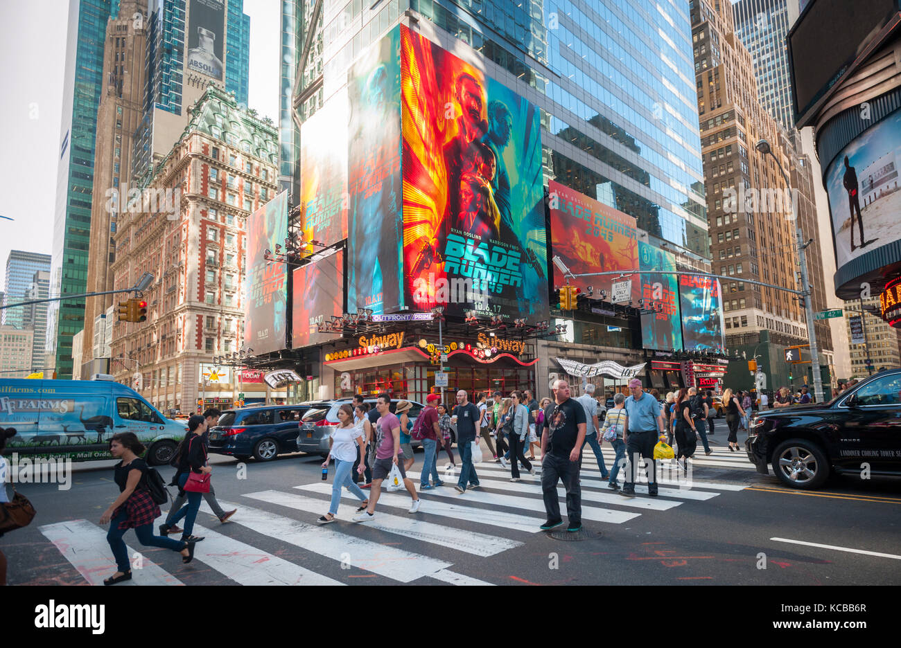 Advertising for the Warner Bros. Pictures'  'Blade Runner 2049' film is seen in Times Square in New York on Thursday, September 28, 2017. The film is a sequel to the 1982 original taking place thirty years later with Ryan Gosling and Harrison Ford, who reprises his role as former Blade Runner Rick Deckard. The film is scheduled for release October 6, 2017. (© Richard B. Levine) Stock Photo