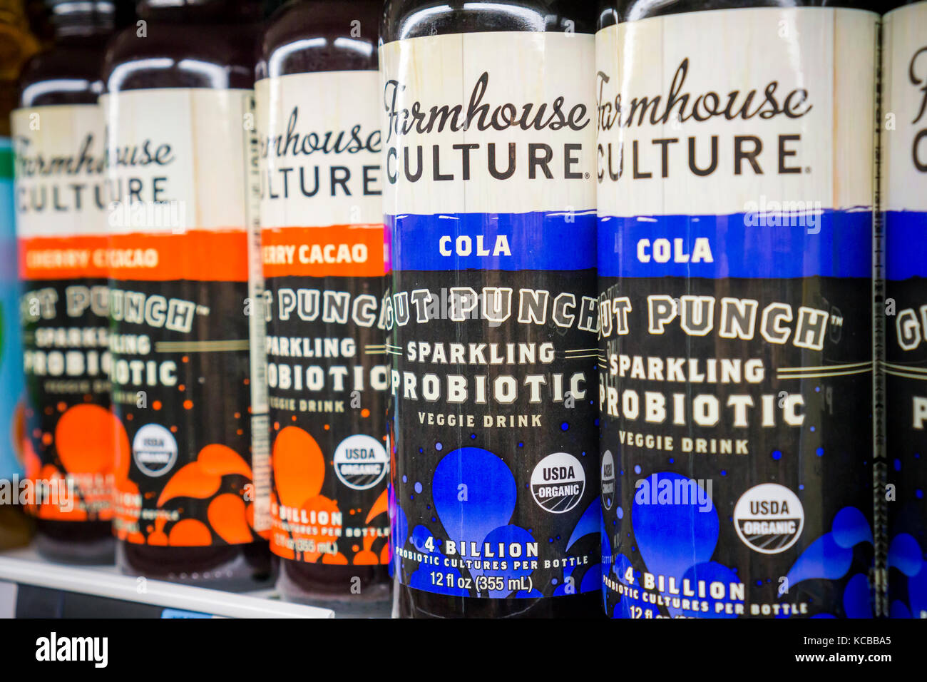 Bottles of Farmhouse Culture brand 'Gut Punch' fermented veggie probiotic drink in a supermarket cooler in New York on Friday, September 29, 2017. General Mills' venture fund has an investment in the probiotic brand as food manufacturers partner with startups to bring healthier alternatives to consumers.  (© Richard B. Levine) Stock Photo