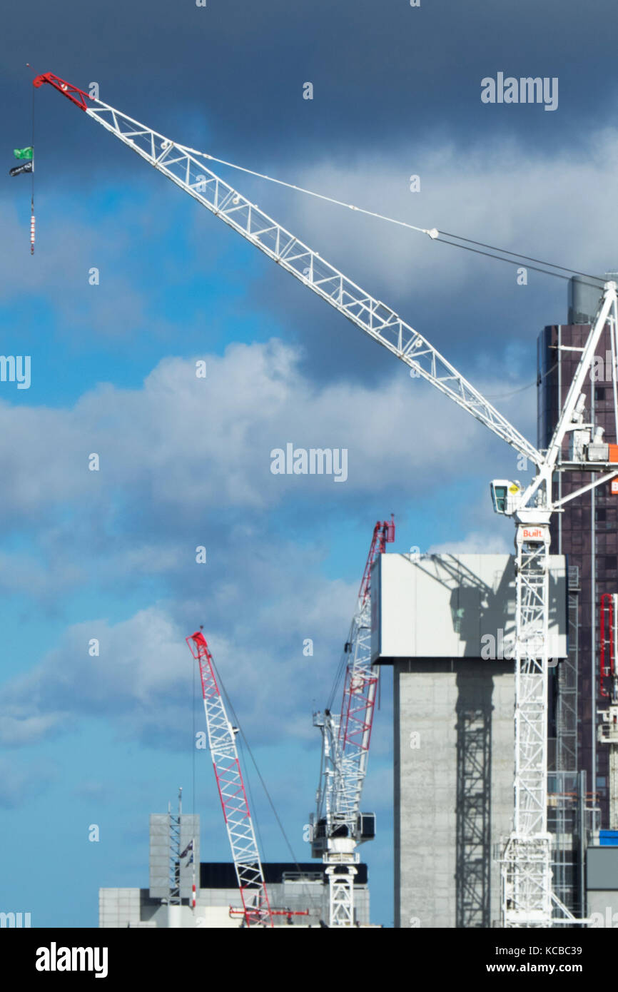 Cranes at a high rise development in Melbourne Victoria Australia. Stock Photo