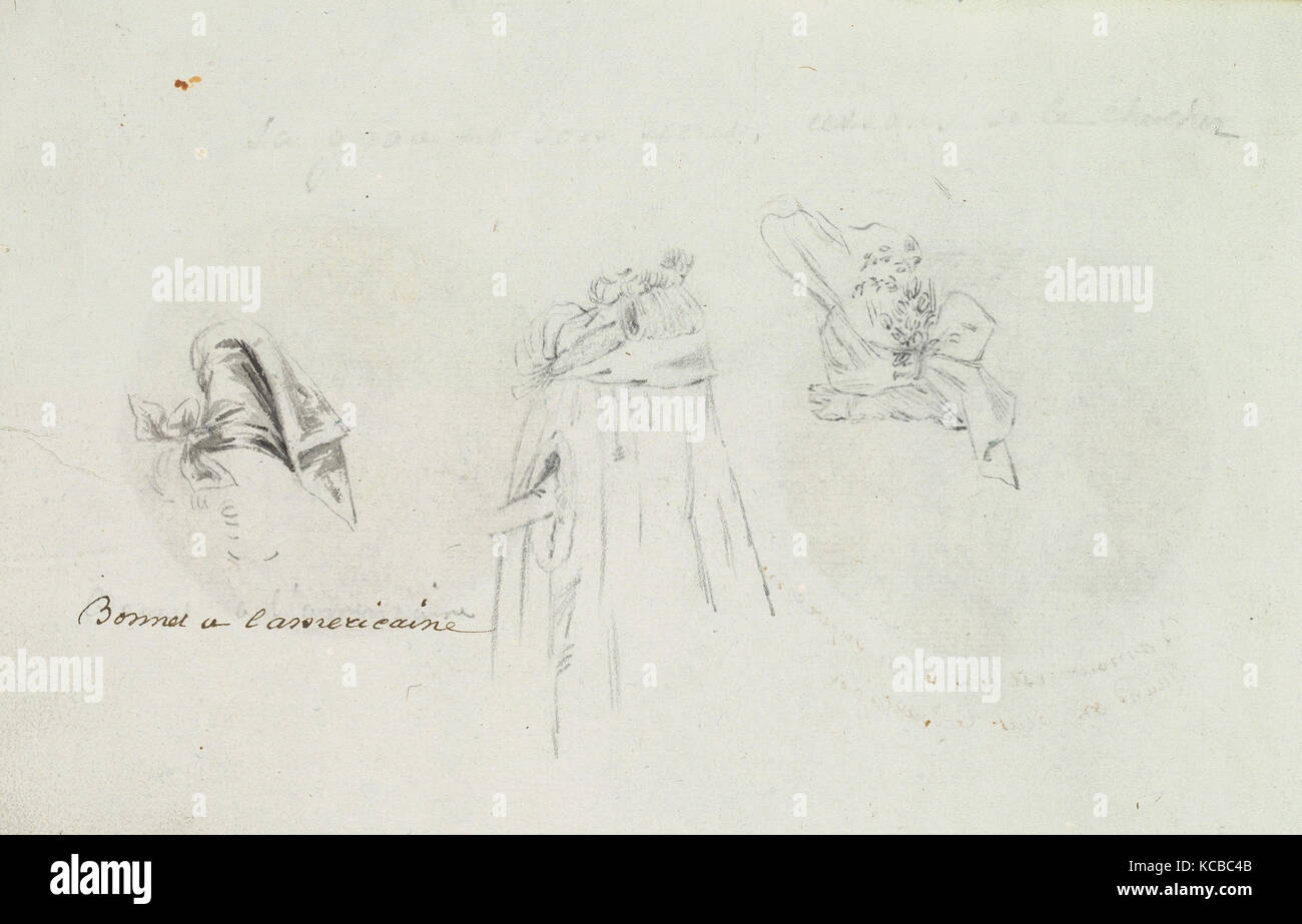 Three Costume Sketches of a Bonnet, a Cloak, and a Hat, Anonymous, French, 18th century Stock Photo