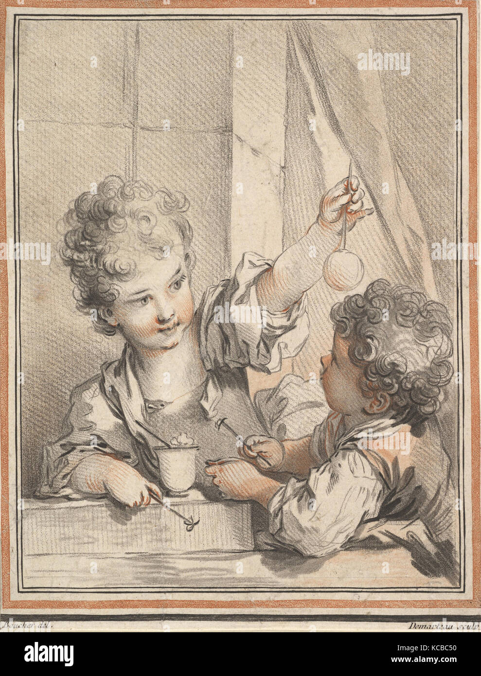Les Enfants physiciens, chalk manner, sheet: 7 1/8 x 5 7/16 in. (18.1 x 13.8 cm), Prints, Gilles Demarteau (French, Liège 1722 Stock Photo