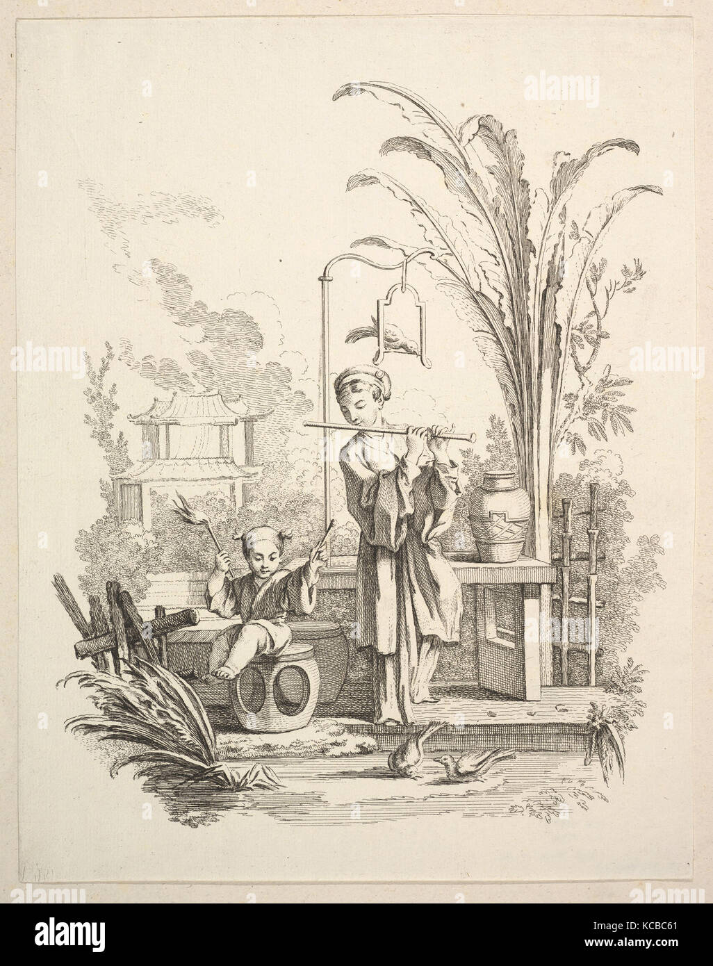 Flautist and a Child Timpanist, Gabriel Huquier, ca. 1742 Stock Photo ...