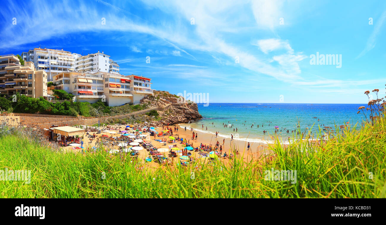 Costa dorada resort on a sunny day. Salou spanish resort town in July. Beautiful panorama of summer catalonia resort. Stock Photo