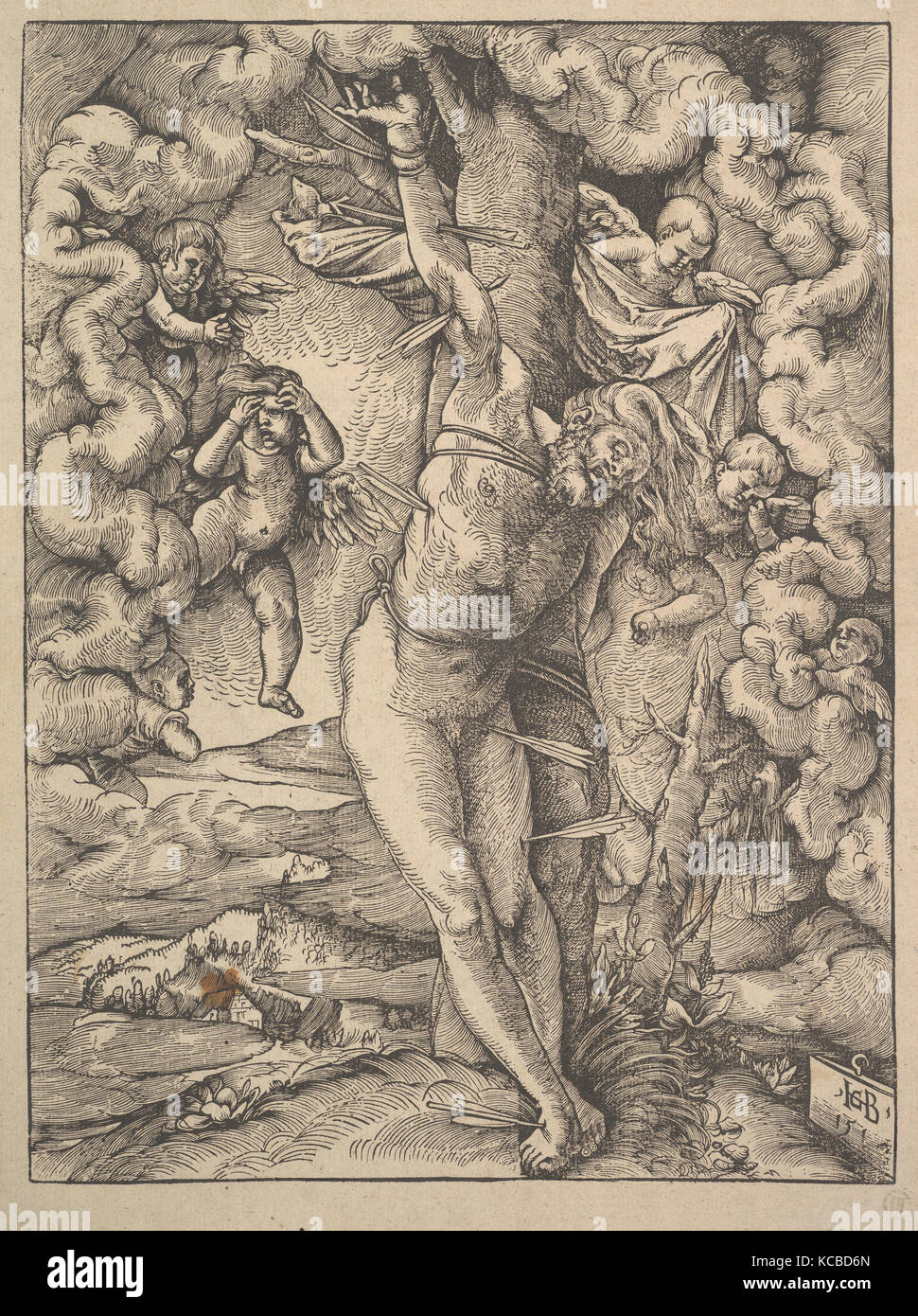 St. Sebastian Bound to a Tree, 1514, Woodcut, Sheet: 13 3/8 × 10 5/16 in. (34 × 26.2 cm), Prints, Hans Baldung (called Hans Stock Photo