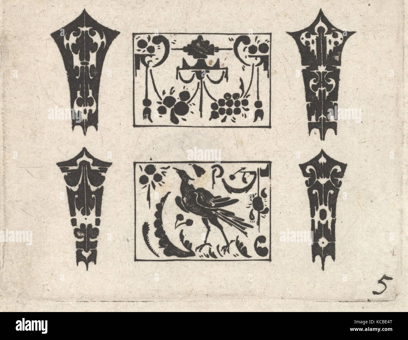 Blackwork Print with a Symmetrical Schweifwerk Pattern, After Hans de Bull, ca. 1620 Stock Photo