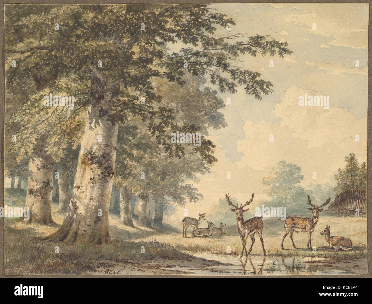 Deer under Beech Trees in Winter, Hendrik Gerrit ten Cate, mid-19th century Stock Photo