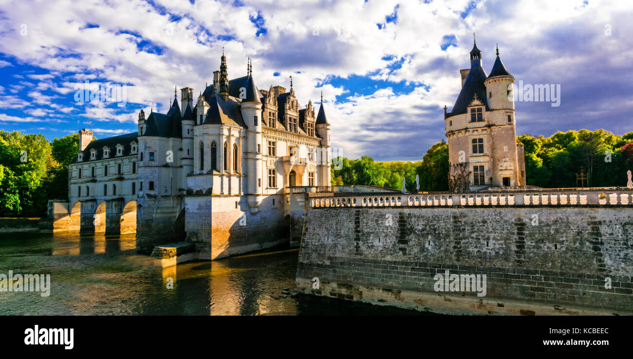 romantic beautiful castles of Loire valley Chenonceau. France Stock Photo