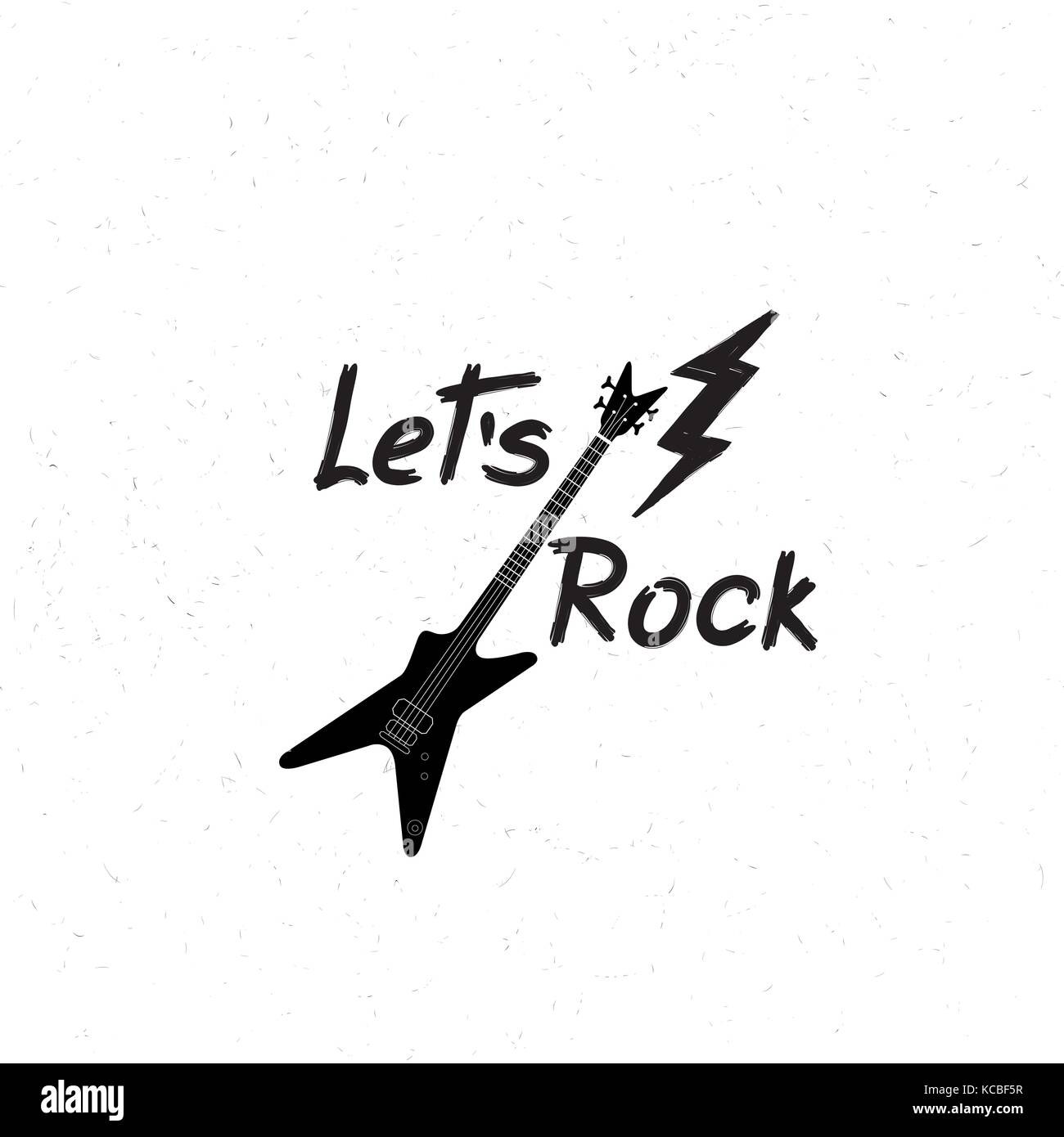 Rock music banner. Musical sign background. Let's rock lettering with lightning and guitar. Rock'n' roll label. Stock Vector