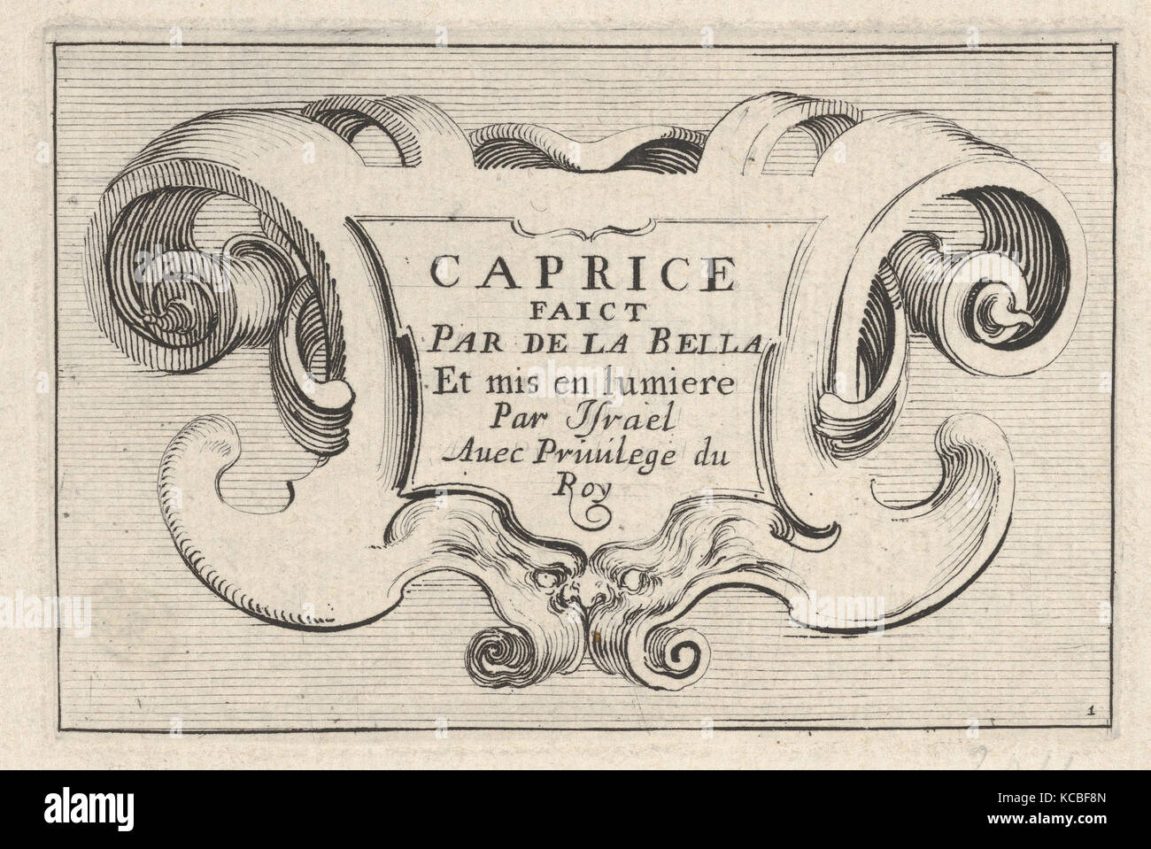 Plate 1: A cartouche with series title, from 'Caprice faict par de la Bella', Stefano della Bella, ca. 1642 Stock Photo