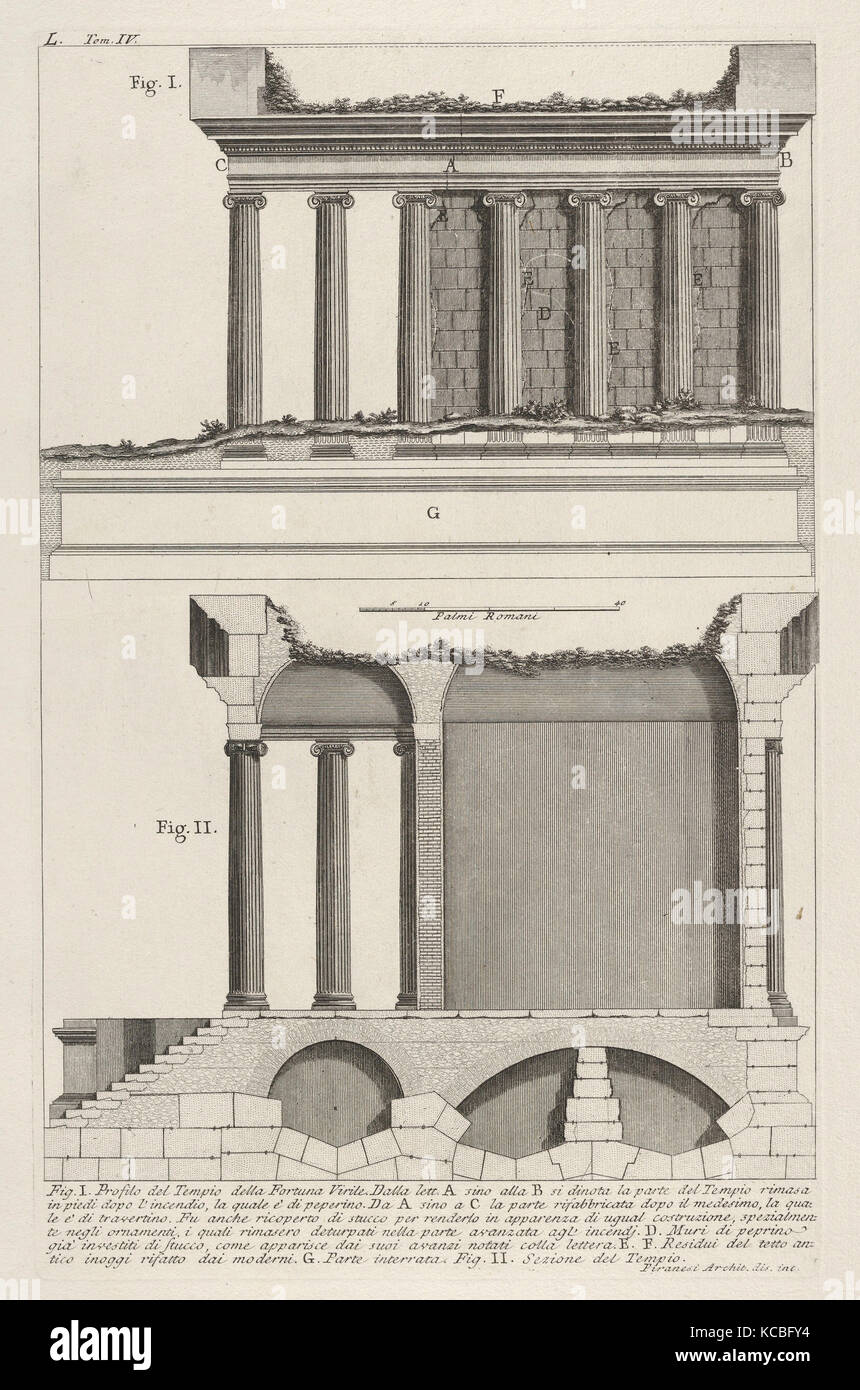 Profile of the Temple of Fortuna Virilis (Profilo del Tempio della Fortuna Virile), and section of the temple Stock Photo