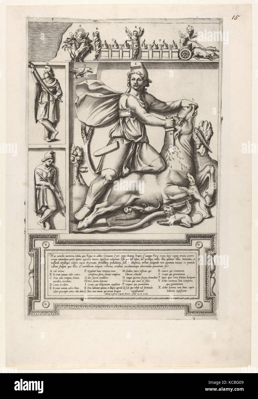 Relief with Mithras kneeling upon a bull and driving a sword into its shoulder, at left two smaller standing figures Stock Photo
