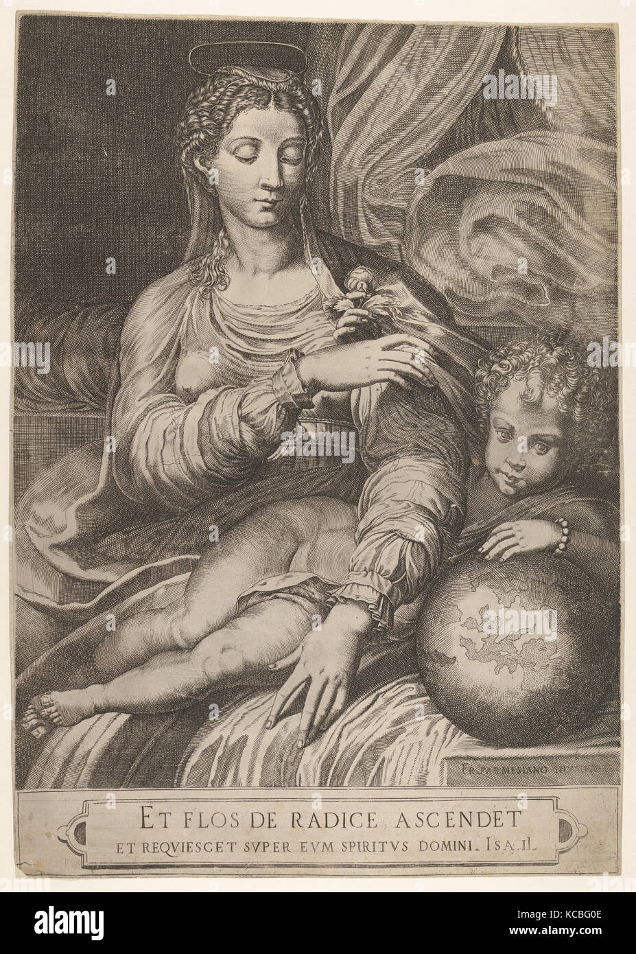 Madonna of the Rose, the Madonna reaches for a rose upheld by the child, who reclines on a drapery and rests his left arm Stock Photo