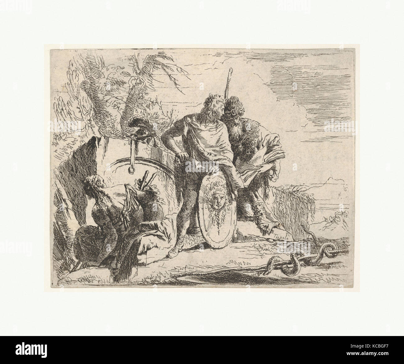 Three figures and a snake coiled around a staff, surrounded by a