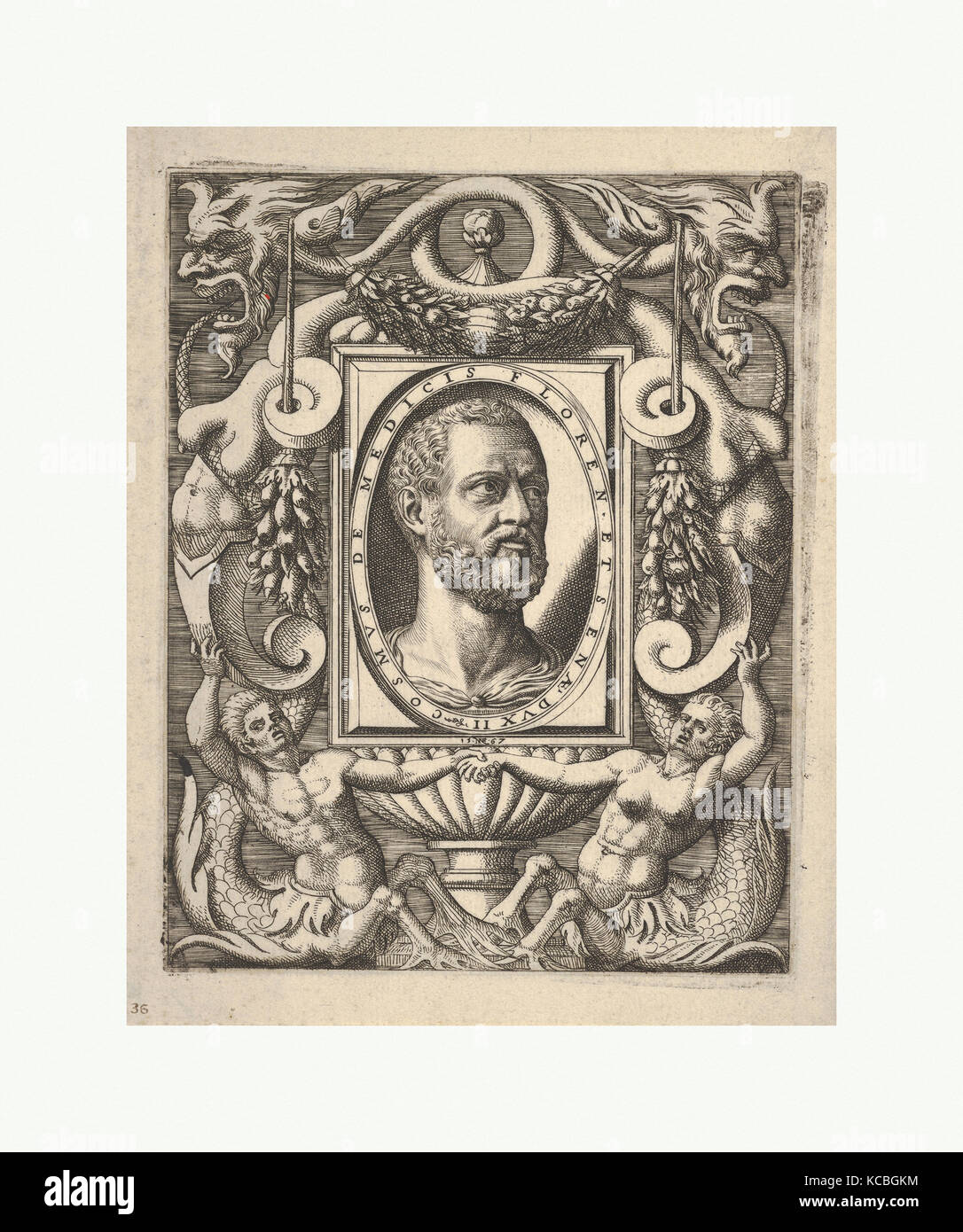 Bust portrait of Cosimo I de' Medici, in an oval frame set within a rectangular plaque, surrounded by fantastical ornament Stock Photo