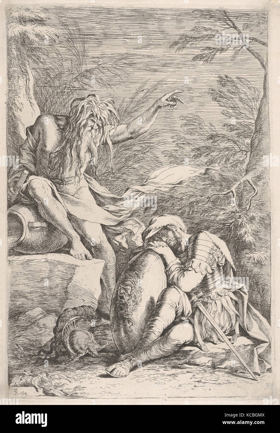 Dream of Aeneas, Aeneas rests on his shield, while the river god Tiber points upward, Salvator Rosa, ca. 1663–1664 Stock Photo