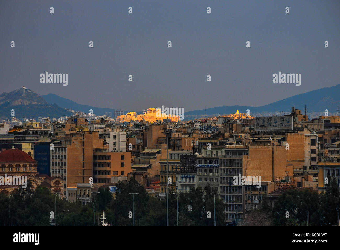 view of the acropolis from Piraeus, Athens, Greece Stock Photo